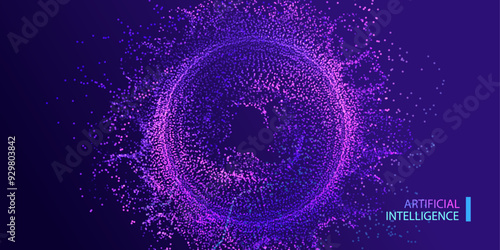 Big data neon background. Technology ai round particles dots banner. Artificial Intelligence futuristic circle connect innovation design.