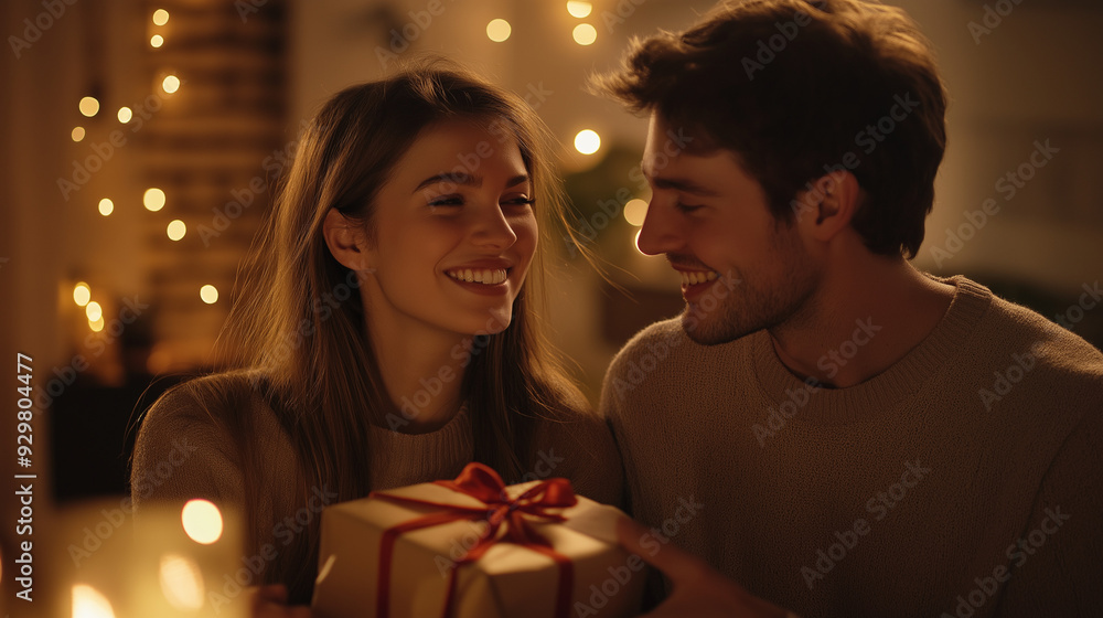 Valentines gift couple exchanging gifts smiling Valentines gift couple exchanging gifts smiling