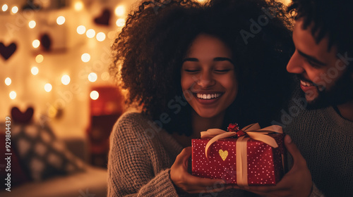 Valentines gift couple exchanging gifts smiling