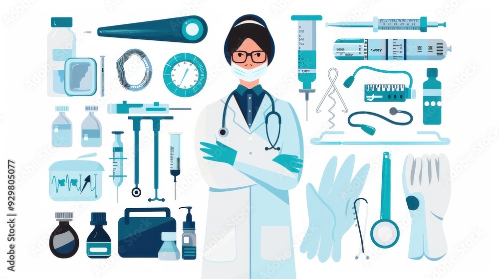 Vector art of a healthcare professional using diagnostic equipment, set against a clean white background. Focus on the intricacy and detail of the tools. Vector art of a healthcare professional using diagnostic equipment, set against a clean white background. Focus on the intricacy and detail of the tools.