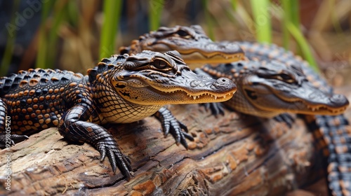 Three crocodiles resting on a log in a natural setting. photo