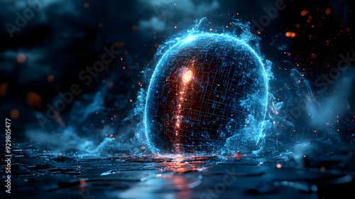 A glowing digital orb surro...