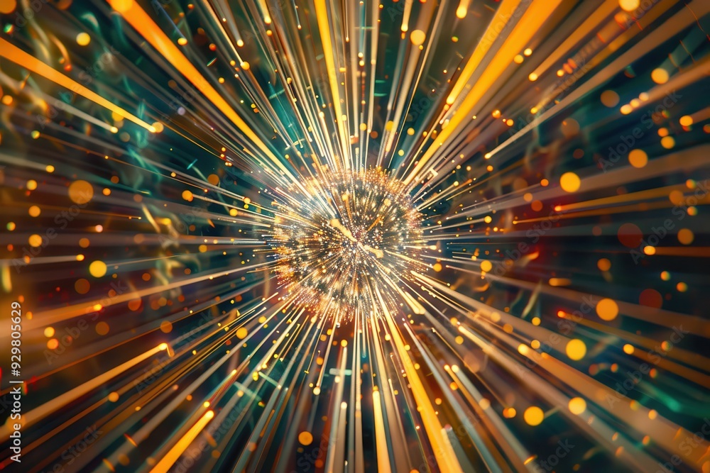 A 3D holographic starburst, with rays of light emanating from a central point A 3D holographic starburst, with rays of light emanating from a central point