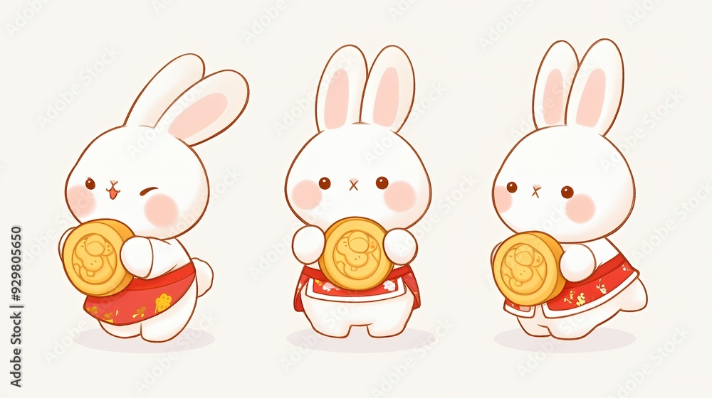Three cute rabbits holding golden coins, dressed in traditional attire, celebrating prosperity. Three cute rabbits holding golden coins, dressed in traditional attire, celebrating prosperity.