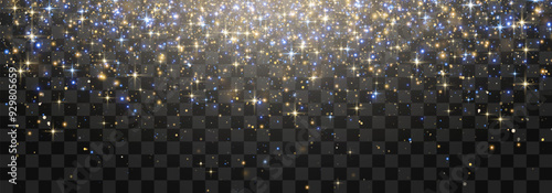 Vector magical light dust, shimmering shine. Floating light particles. Christmas light effect. Sparkling fairy dust particles glowing on a transparent background. Vector illustration in PNG format.