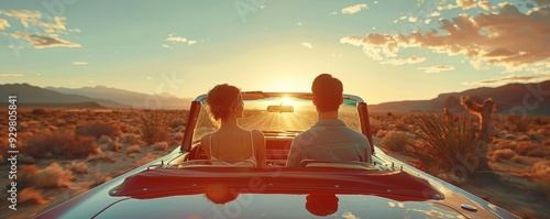 A romantic couple enjoying a scenic sunset drive, experiencing tranquility and connection in a convertible car. photo