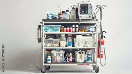 A hospital crash cart with a defibrillator, medications, and other emergency supplies, set against a white background.