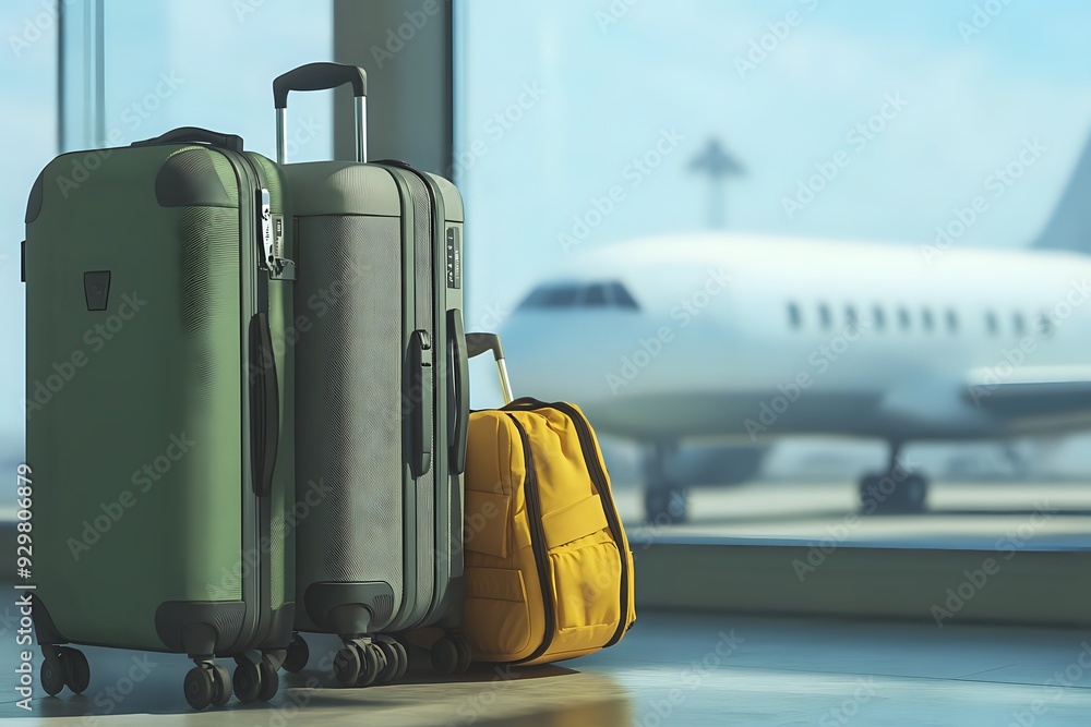 Travel Luggage Set with Airplane in Background for Your Next Adventure Travel Luggage Set with Airplane in Background for Your Next Adventure