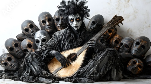 Ethereal minstrel with a shattered lute, surrounded by spooky Halloween masks, surreal dark fantasy, isolated on white background