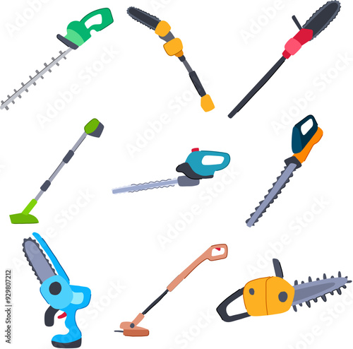 tree trimmer set cartoon. trimming arborist, chainsaw lopper, maintenance foliage tree trimmer sign. isolated symbol vector illustration
