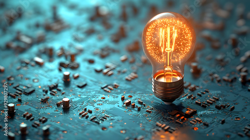 A glowing light bulb on a c...