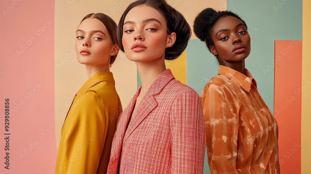 Obraz premium Three models pose in stylish outfits against a colorful backdrop.