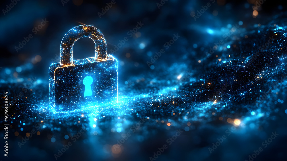 A glowing lock symbol in a cosmic background representing security. A glowing lock symbol in a cosmic background representing security.