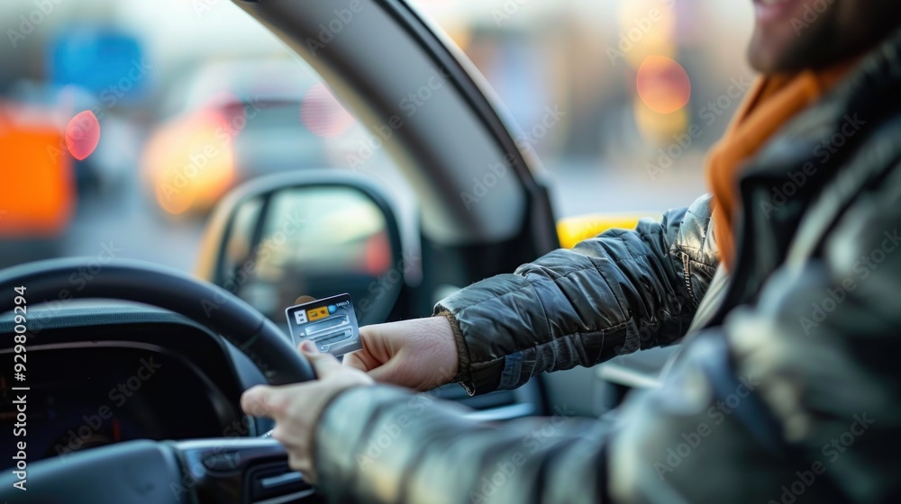attacking a car driver paying for his car parking with a card, with a smiling face. attacking a car driver paying for his car parking with a card, with a smiling face.