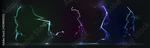 Thunder bolt and vertical bright lightning on black background. Realistic 3d vector illustration set of storm energy effect. Light glow thunderstorm flash power strike or electric voltage discharge.