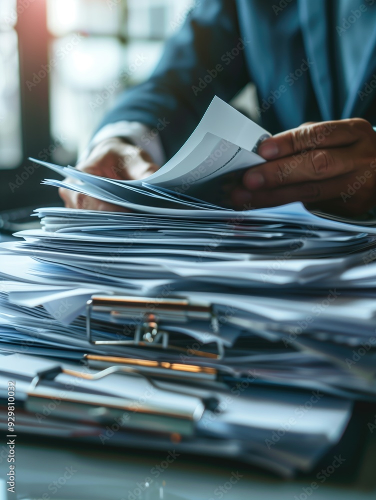 Hands sorting through a large stack of paperwork on a desk, with a clipboard in the background. Concepts of organization, administrative work, and business management. Hands sorting through a large stack of paperwork on a desk, with a clipboard in the background. Concepts of organization, administrative work, and business management.