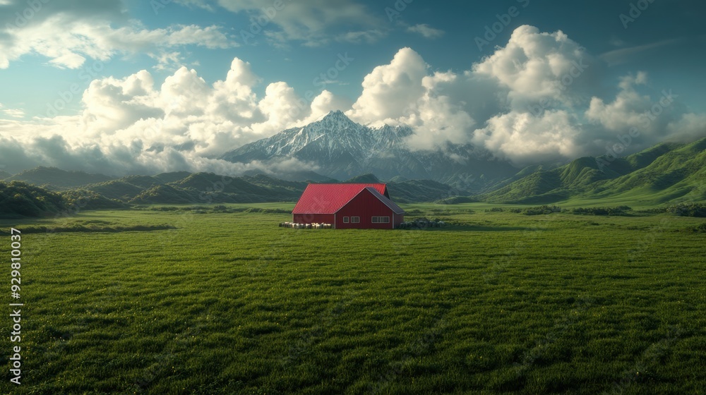A solitary red barn stands in a vast, lush green field, with majestic mountains and dramatic clouds in the background, creating a serene rural landscape. A solitary red barn stands in a vast, lush green field, with majestic mountains and dramatic clouds in the background, creating a serene rural landscape.