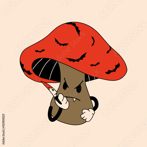 Cute, happy, funny mushroom with a knife cartoon mascot character