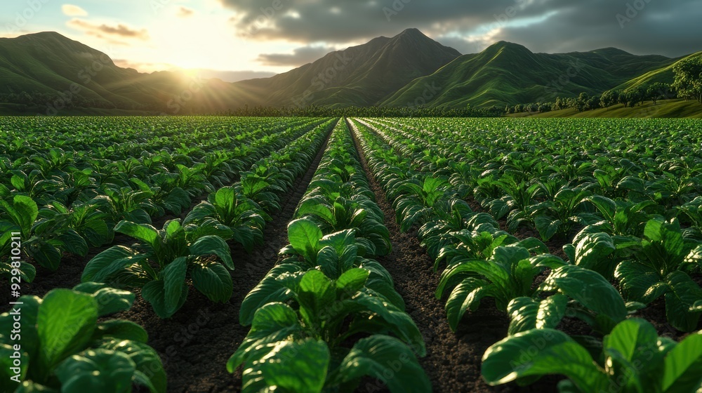 Fototapeta premium A close-up view of young green plants growing in rich soil, set against sunshine mountains, highlights the theme of agriculture and growth.