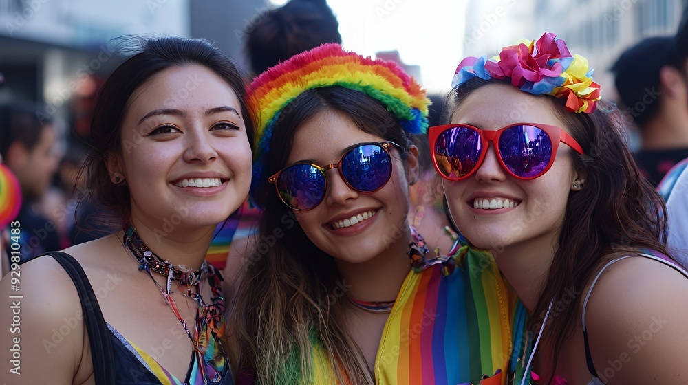 Three smiling individuals at a vibrant celebration, wearing colorful attire and accessories. Three smiling individuals at a vibrant celebration, wearing colorful attire and accessories.