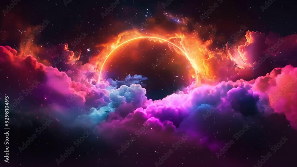 Vivid abstract space scene with a glowing ring surrounded by colorful clouds Vivid abstract space scene with a glowing ring surrounded by colorful clouds