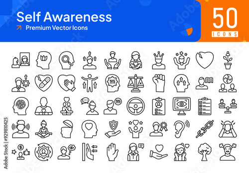 Self Awareness bold style line icons set, self reflection, mindfulness, self discovery,  self improvement, self confidence, self empowerment, self respect, self control, self trust