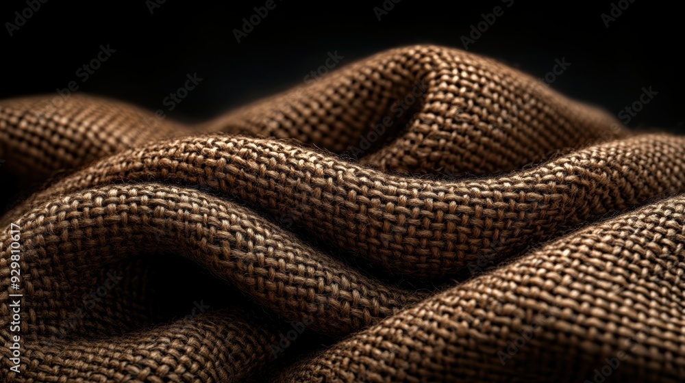 Fototapeta premium With a focus on the intricate texture and flowing folds, this close-up of natural burlap fabric highlights the rustic and organic characteristics of the material.