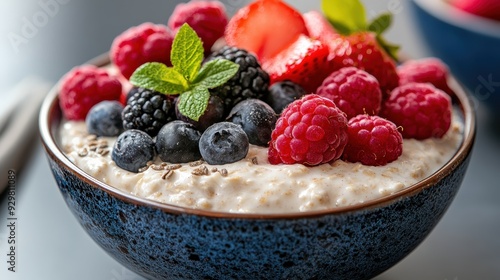 This close-up features a bowl of creamy yogurt, adorned with fresh raspberries, blueberries, and a mint leaf, creating a healthy and refreshing breakfast.