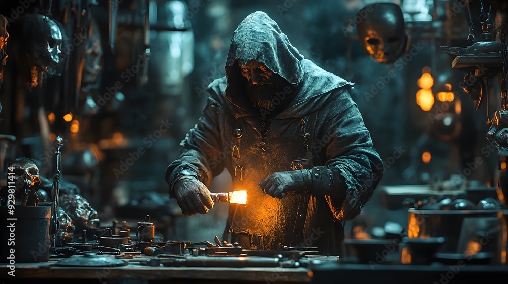 A cursed blacksmith with a glowing hammer, dark fantasy style, detailed textures, eerie Halloween mask designs on workbench, cinematic lighting, isolated on white background A cursed blacksmith with a glowing hammer, dark fantasy style, detailed textures, eerie Halloween mask designs on workbench, cinematic lighting, isolated on white background