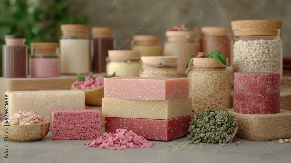 An arrangement of handcrafted natural soaps with herbs and raw ingredients, emphasizing artisanal skincare and organic self-care products. An arrangement of handcrafted natural soaps with herbs and raw ingredients, emphasizing artisanal skincare and organic self-care products.