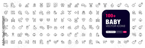 Set of 100+ baby and mother related icons. Pregnancy, first days of life, supplies, healthcare, transportation and safety. Pixel perfect, editable stroke vector icons 