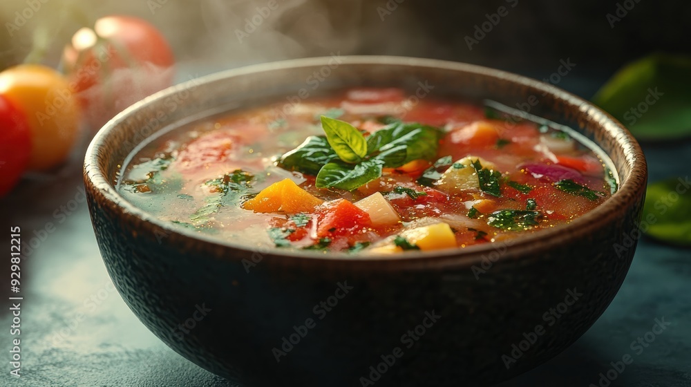 A bowl of steaming vegetable soup, rich with colorful vegetables and fresh herbs, makes for a nutritious and comforting meal. A bowl of steaming vegetable soup, rich with colorful vegetables and fresh herbs, makes for a nutritious and comforting meal.