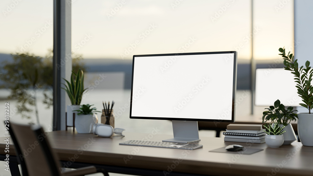 A computer desk in a modern office surrounded by large windows with a lake view, a computer mockup A computer desk in a modern office surrounded by large windows with a lake view, a computer mockup