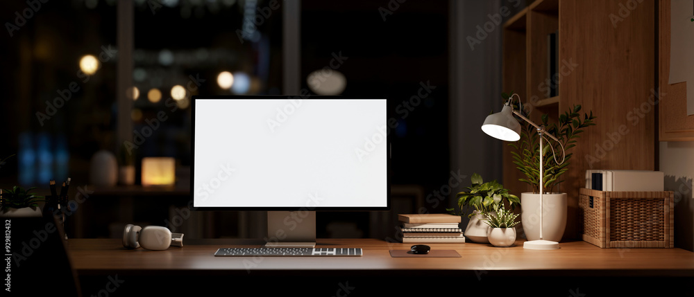 A modern dark office at night, a computer mockup on a desk, illuminated by a table lamp. A modern dark office at night, a computer mockup on a desk, illuminated by a table lamp.