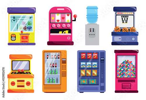 Set of slot and vending machines in cartoon style. Vector illustration of colored different types of gambling and vending machines with toys, balls, and food, water isolated on a white background.