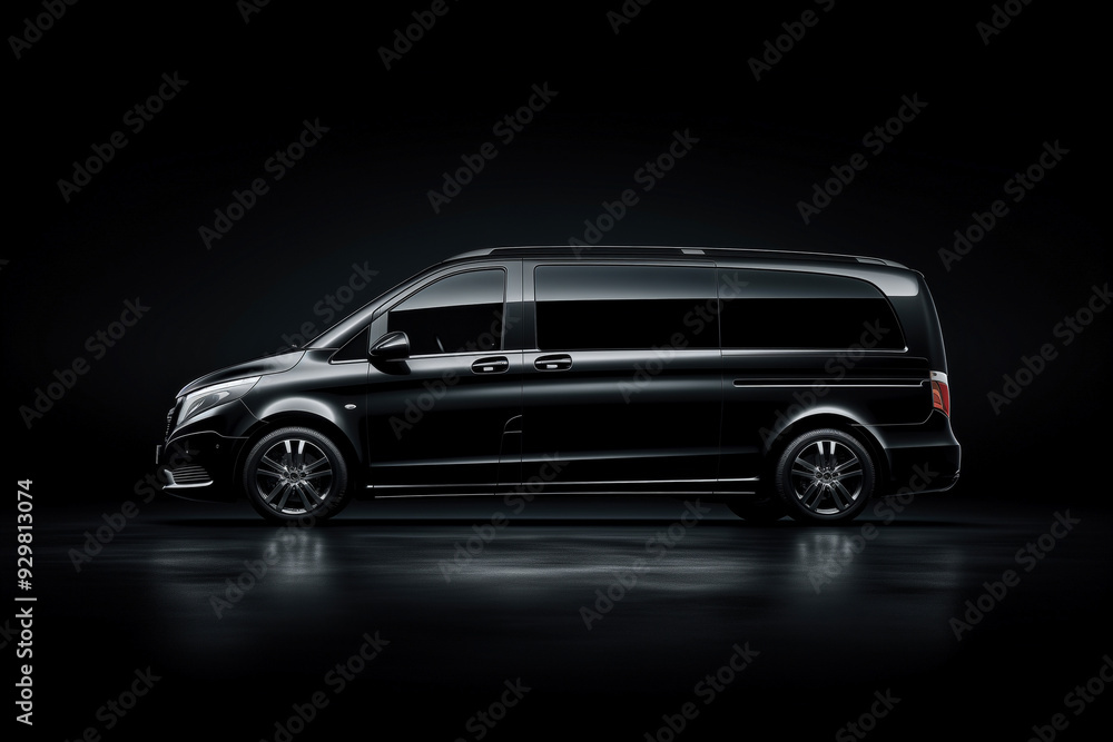Sleek black cargo van in dark studio setting, side view, nighttime, mockup, copy space Sleek black cargo van in dark studio setting, side view, nighttime, mockup, copy space