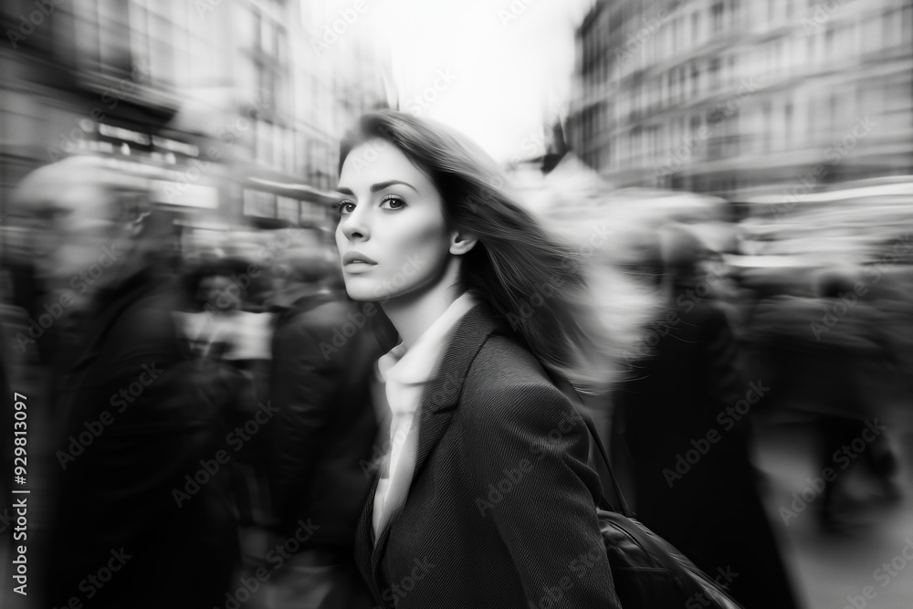 Monochrome Portrait of a Woman in Motion Through a Busy City Crowd Monochrome Portrait of a Woman in Motion Through a Busy City Crowd