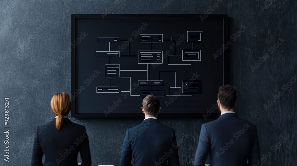 Business professionals analyzing a flowchart on a blackboard, emphasizing teamwork and strategic planning in a corporate setting. Business professionals analyzing a flowchart on a blackboard, emphasizing teamwork and strategic planning in a corporate setting.