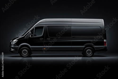 Sleek black van in studio lighting, side view, mockup, city space