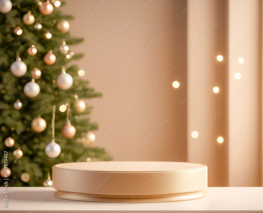 Christmas Product Display with Gold Podium and Blurred Christmas Tree Background. Christmas Product Display with Gold Podium and Blurred Christmas Tree Background.
