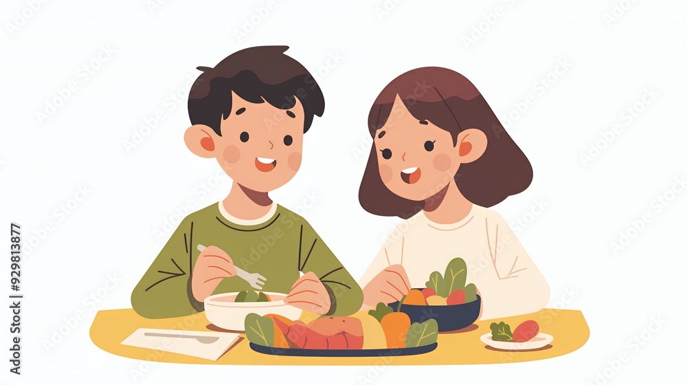 Two children enjoying a healthy meal together at a table. Two children enjoying a healthy meal together at a table.