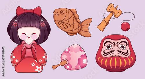 Traditional Japanese elements collection - good luck talisman daruma figurine, kendama toy, taiyaki fish shaped cookie, pink fan, kokeshi doll of geisha in kimono. Cartoon line vector illustration set
