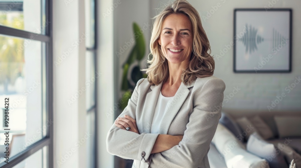 Confident businesswoman with crossed arms smiling in modern office, facing camera, embodying success in professional attire with sleek hairstyle. Confident businesswoman with crossed arms smiling in modern office, facing camera, embodying success in professional attire with sleek hairstyle.