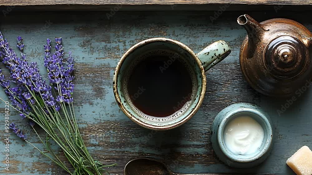 wooden tray holds a ceramic mug filled with dark coffee, alongside a small pitcher of cream, a rustic spoon, and a sugar cube. The table is made of rough, weathered wood with visible grains and knots wooden tray holds a ceramic mug filled with dark coffee, alongside a small pitcher of cream, a rustic spoon, and a sugar cube. The table is made of rough, weathered wood with visible grains and knots