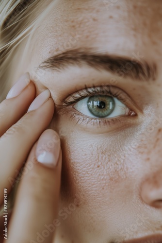 Extreme close-up of a green eye with fingers gently touching the skin around it, emphasizing detail and texture.