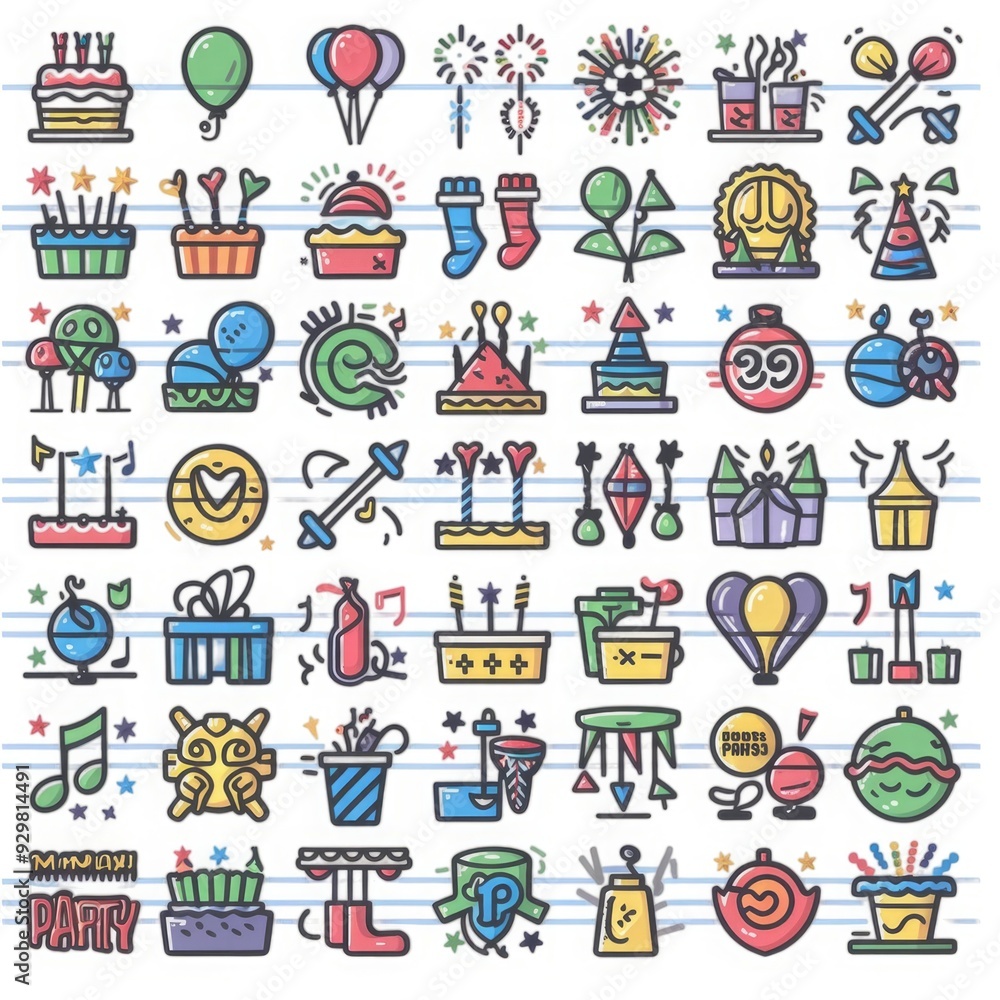 Fototapeta premium Set of 100 party and event icons in line style. Birthday, dancing, happy new year, week, Christmas, entertainment, invitation,wedding, event, holiday, carnival, collection, vector illustration. Detail