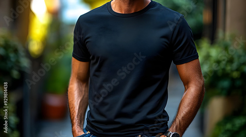 A man in a black t-shirt st...