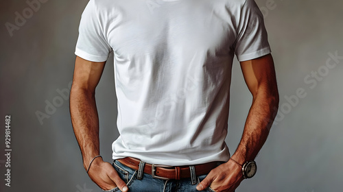 A man in a plain white t-sh...