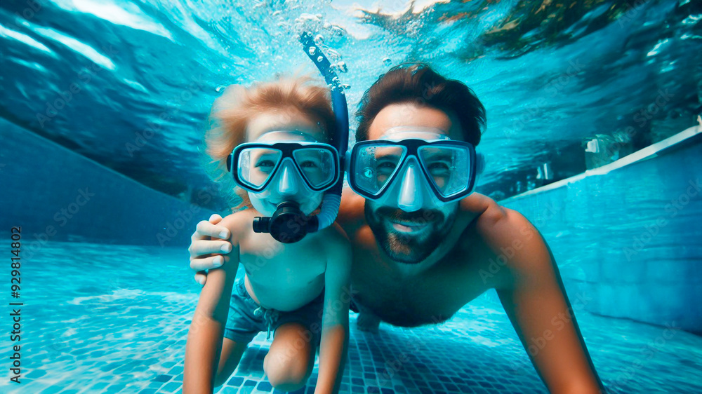 Naklejka premium Father and child swim underwater in diving mask in pool on summer vacation. Concept happy family on vacation, learning to swim and dive, Father's Day.