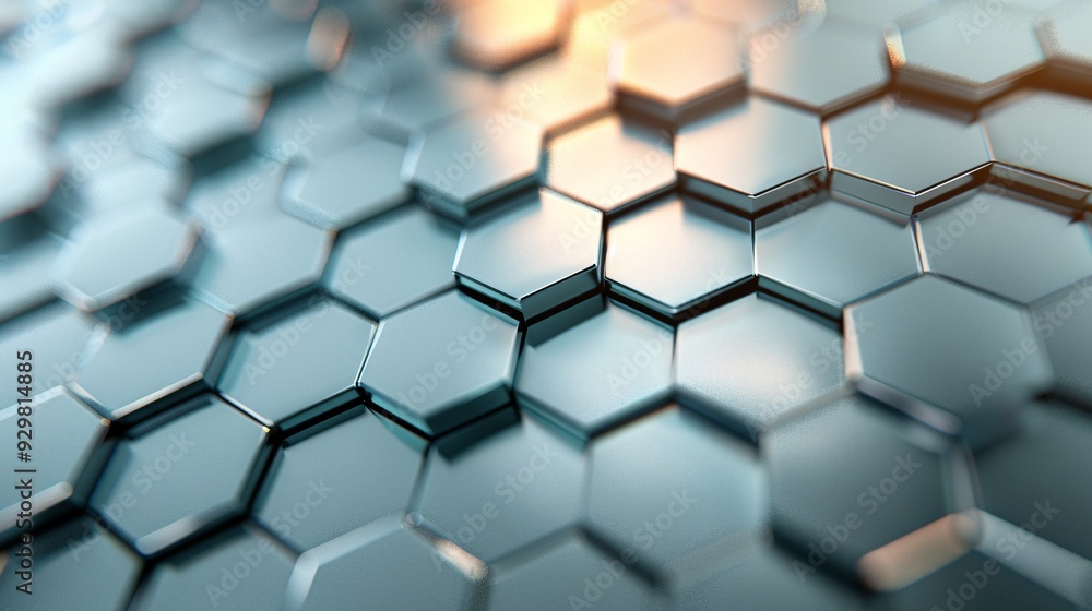 A futuristic 3D background with layered hexagonal tiles in metallic shades, creating depth and texture with ample copy space in the center A futuristic 3D background with layered hexagonal tiles in metallic shades, creating depth and texture with ample copy space in the center